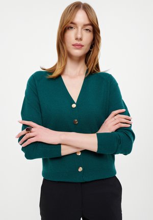 Aquagroene gebreide cardigan met een V-hals, lange mouwen en gouden knopen. Zachte textuur, aansluitend ontwerp en geribbelde manchetten.