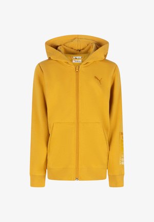 Felpa gialla con zip realizzata in tessuto morbido. Presenta un grande cappuccio, tasche frontali e un piccolo logo sul petto con testo sulla manica.