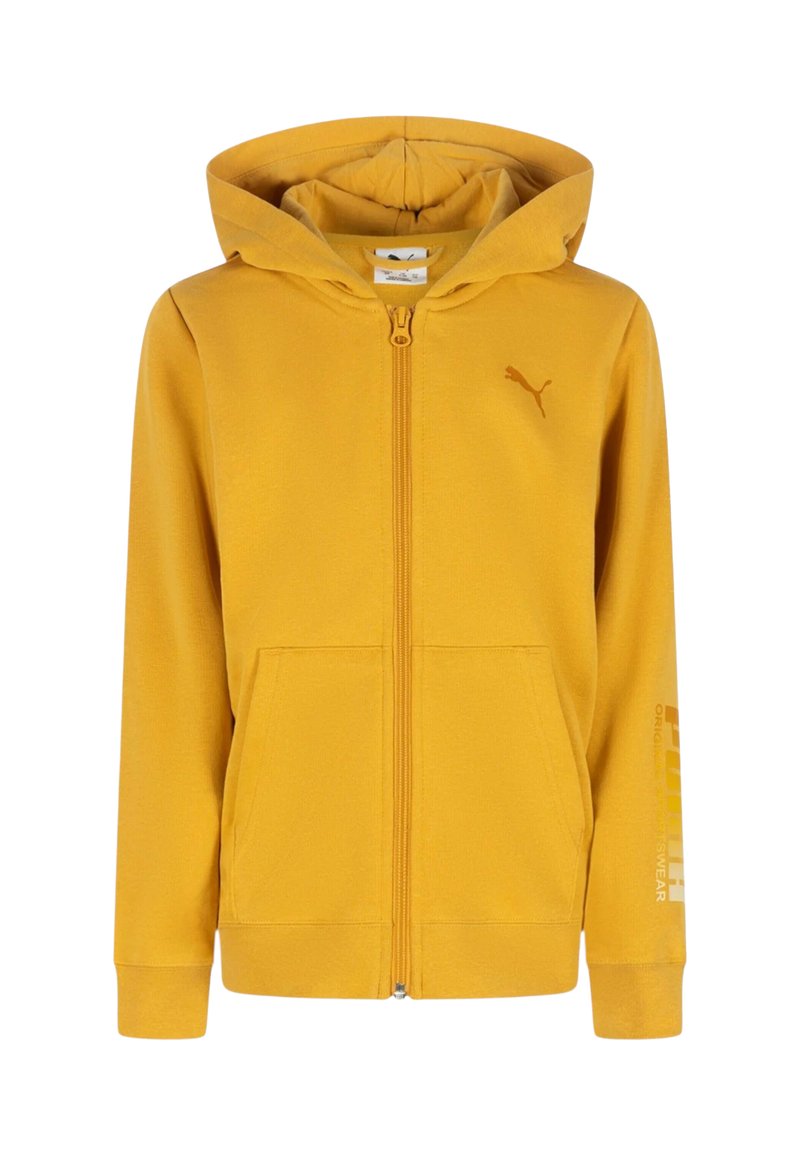 Felpa gialla con zip realizzata in tessuto morbido. Presenta un grande cappuccio, tasche frontali e un piccolo logo sul petto con testo sulla manica.