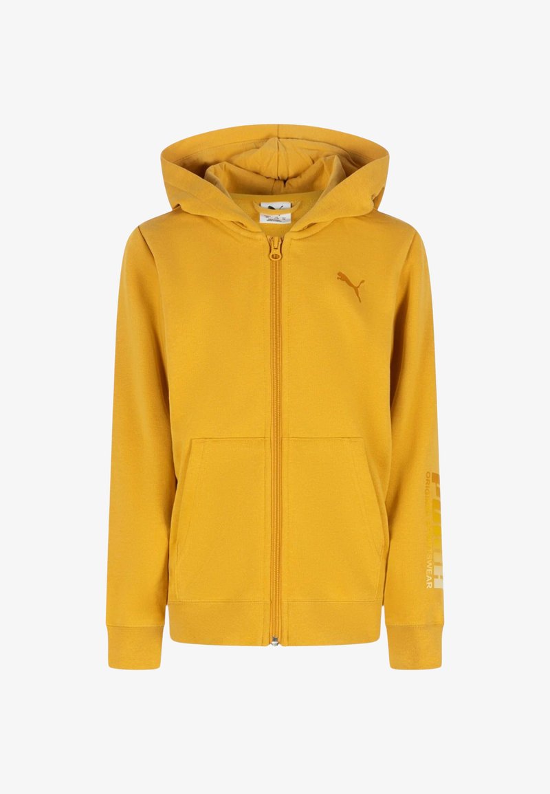 Felpa gialla con zip realizzata in tessuto morbido. Presenta un grande cappuccio, tasche frontali e un piccolo logo sul petto con testo sulla manica.