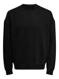 Felpa girocollo nera realizzata in tessuto morbido. Presenta polsini e orlo a coste, con una vestibilità comoda e una spalla scesa.