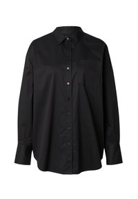 Schwarzes Button-Up-Hemd aus Baumwolle mit lässiger Passform, langen Ärmeln und einer Brusttasche, ausgestattet mit einem klassischen Kragen und weißen Knöpfen.