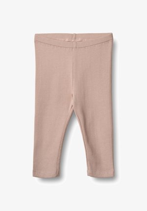 Beige, gerippte Leggings für Kleinkinder mit elastischem Bund, geraden Beinen und abgesteppten Säumen, flach auf weißem Hintergrund liegend.
