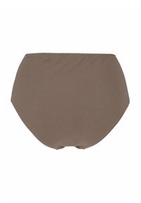 Bruna bomullsunderkläder med full täckning och en slät textur, med ett samlat elastiskt midjeband och inga synliga sömmar.