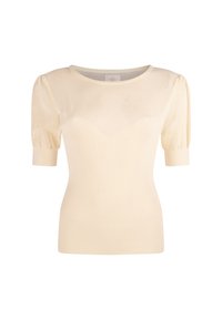 Beige geribbelde gebreide top met een ronde halslijn, korte pofmouwen en een zigzagpatroon op de borst. Zachte textuur, rekbare stof.