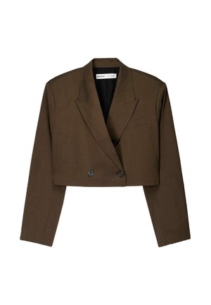 Hnědý zkrácený blazer s dvojitými knoflíky, klopami a dlouhými rukávy. Materiál se zdá být texturovaný s pevným designem.