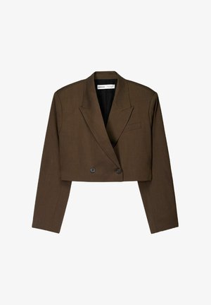 Brown cropped blazer with double-breasted buttons, notched lapels, and long sleeves. Material appears textured with a structured design.