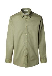 Camicia a maniche lunghe verde oliva con bottoni, realizzata in cotone con una texture morbida, dotata di colletto con bottoni e ricamo del logo sul petto.