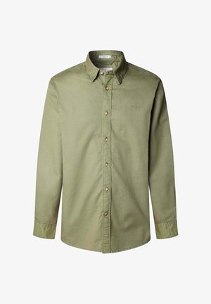 Olivgrön långärmad skjorta med knappar i bomull som har en mjuk textur, med en knappad krage och broderad ficklogotyp.