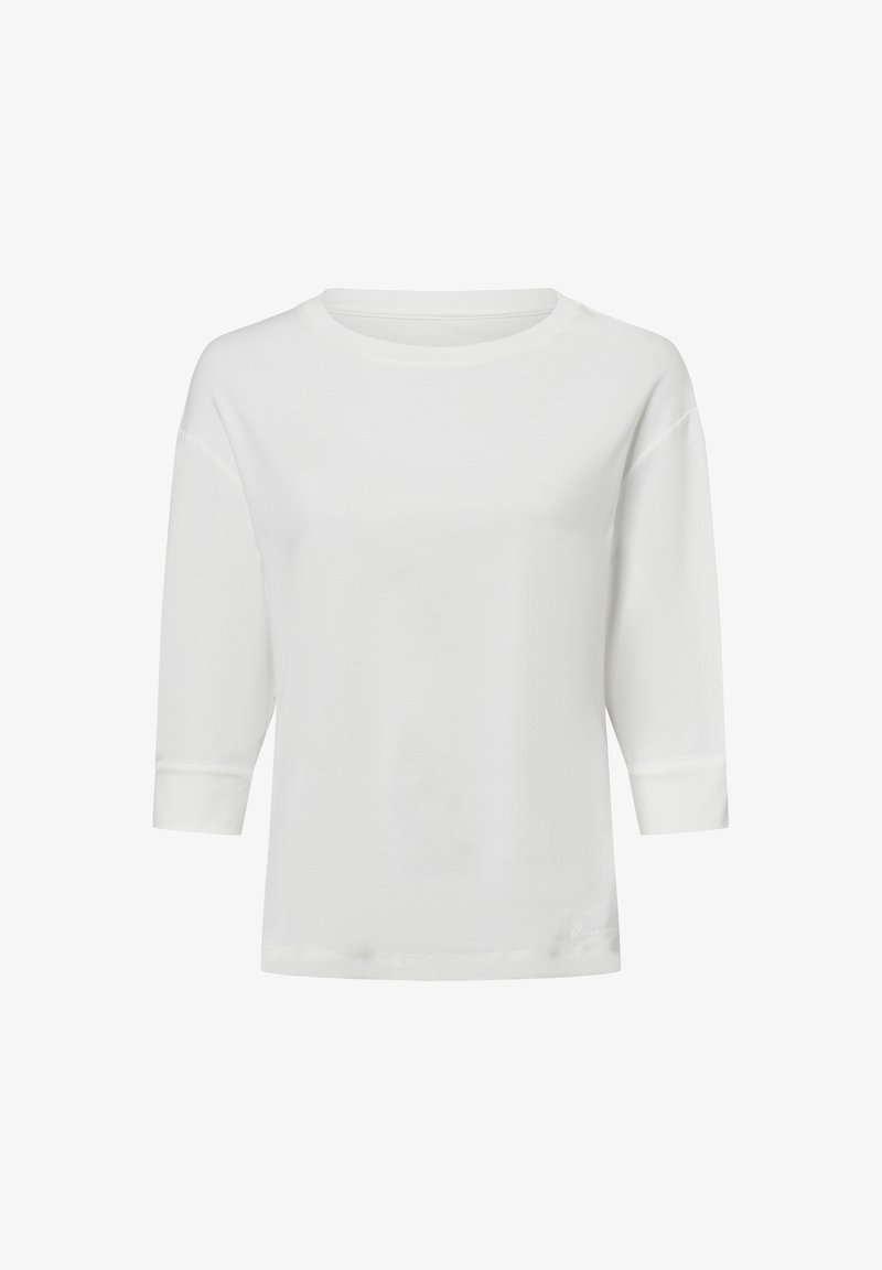 Weißer Sweatshirt mit drei Viertelärmeln aus Baumwolle, mit rundem Ausschnitt und dezenten Saumdetails. Glatte, weiche Textur.