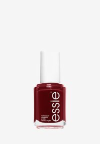 Lacca per unghie rossa in una bottiglia di vetro quadrata con un tappo bianco; presenta il nome del marchio "essie" in evidenza sul davanti.