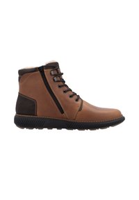 Bottines en cuir brun avec une finition texturée, accents noirs, lacets à l'avant et détail de fermeture éclair sur le côté. Semelle en caoutchouc et doublure douce.