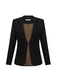 Blazer nero con due tasche frontali, progettato con revers a punta, chiusura a un bottone e foderatura interna marrone accentuata da piping rosso.