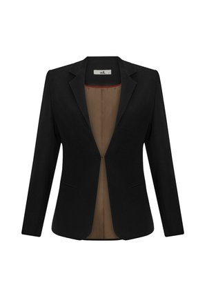Černý blazer se dvěma předními kapsami, navržený s výstřihovým klopou, uzávěrem na jeden knoflík a hnědým vnitřním podšíváním zvýrazněným červeným lemováním.