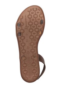 Suola di sandali in gomma marrone con motivo a griglia testurizzato, indicazioni di taglia e due impugnature circolari. Logo mostrato al centro in alto.