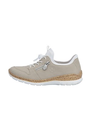 Light gray leather shoe with a cork sole. Features white laces and a side zipper. Round toe and padded collar for comfort.
