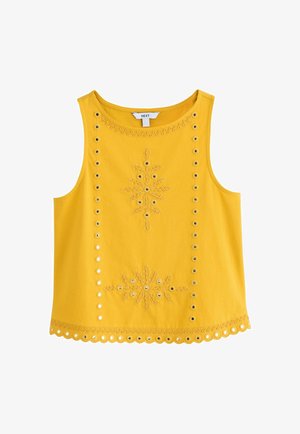 Haut jaune sans manches avec col rond, œillets le long des côtés et de l'ourlet, et motifs floraux brodés sur le devant.