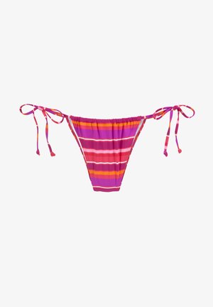 Črtasta bikinijeva spodnjica v roza, vijoličnih in oranžnih odtenkih. Ima nastavljive zavezke na obeh straneh ter teksturno tkanino z elastičnim zaključkom.