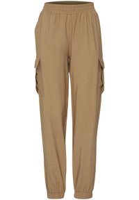 Khaki cargobyxor tillverkade av lättviktigt tyg med elastisk midja, sidofickor och avsmalnande mudd vid ankeln.
