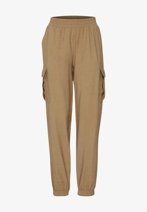 Pantaloni cargo khaki dintr-un material ușor, cu talie elastică, buzunare laterale și manșete conice la gleznă.