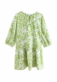 Rochie cu un model verde și alb, cu guler rotund, detaliu cu nod în față și mâneci 3/4 elastice. Prezintă un design în straturi.