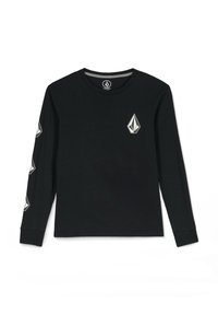 Zwarte longsleeve shirt van katoen met een ronde hals. Bevat een klein wit logo op de borst en diamantvormige accenten op de mouwen.