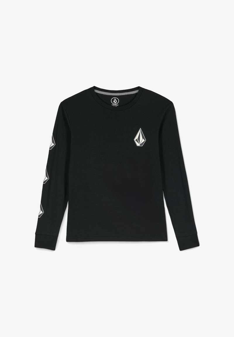 Schwarzes Langarmshirt aus Baumwolle mit rundem Ausschnitt. Verfügt über ein kleines weißes Logo auf der Brust und rautenförmige Akzente an den Ärmeln.
