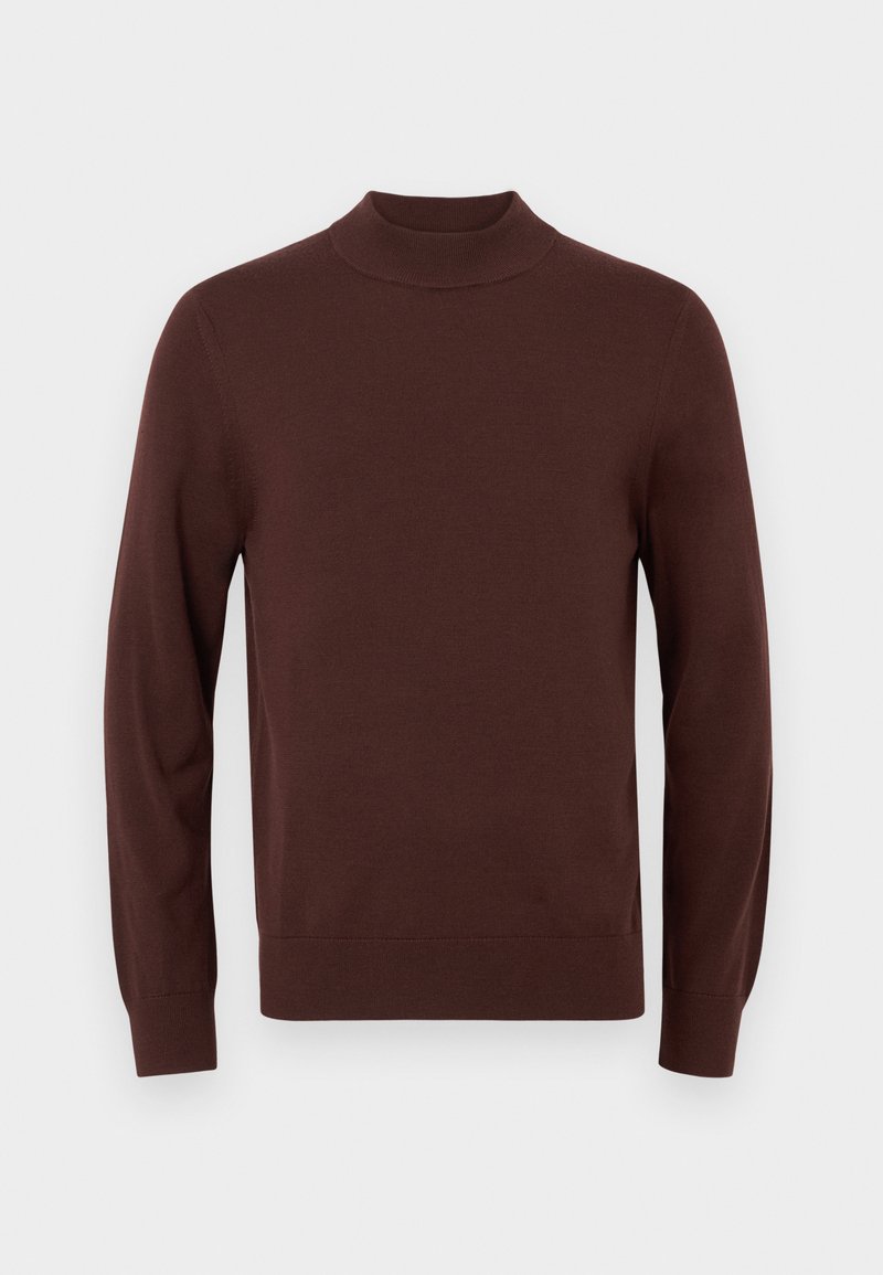 Brun strikket pullover med høj hals, lange ærmer og ribbede manchetter og kant. Glat tekstur, enkelt design, ingen mønstre eller accenter.