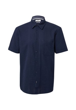 Navy blue short-sleeve button-up shirt with a pointed collar and chest pocket, featuring subtle textured vertical stripes.