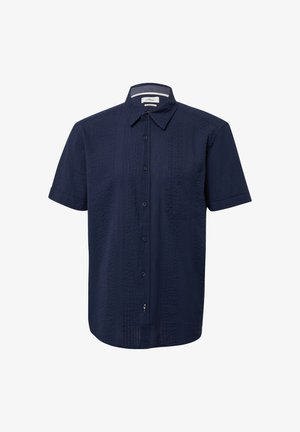 Navy blue short-sleeve button-up shirt with a pointed collar and chest pocket, featuring subtle textured vertical stripes.