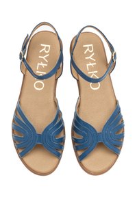 Niebieskie skórzane sandały z wieloma paskami, regulowanym zapięciem na kostce, wyściełaną wkładką oraz gładkim, brązowym podbiciem.