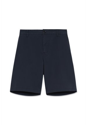 Tamsiai mėlyni šortai iš lengvos medžiagos, su sagos užsegimu ir kontrastingais siūlais. Klasikinio stiliaus tiesaus kirpimo kelnės.