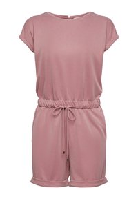 Combinaison courte rose doux à manches courtes avec taille élastiquée et cordon de serrage, shorts retroussés et fermeture à glissière au dos.
