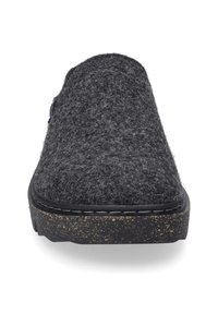Gray felt slip-on shoe with a rounded toe, black rubber sole featuring a speckled texture, and stitched accents around the edge.