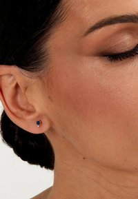 Ronde oorbellen met een centrale blauwe steen, omringd door kleine heldere stenen. Gemaakt van metaal, met een gepolijste afwerking.