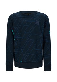 Felpa navy con motivi geometrici in azzurro chiaro, dotata di collo a giro, maniche lunghe e accento logo sul petto e sulla manica.