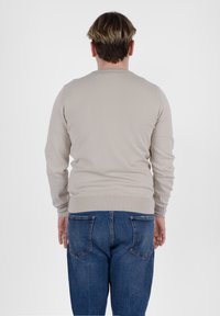 Maglione beige a maniche lunghe con orlo e polsini a coste, abbinato a jeans di denim blu con tasche posteriori e texture sbiadita.