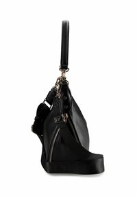 Zwarte leren handtas met een gestructureerde afwerking, voorzien van een ritssluiting, verstelbare riem en hardware accenten in goudkleur.