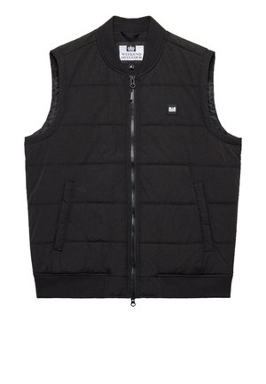 Black sleeveless puffer vest with a high neckline, zip closure, side pockets, and a small branded patch on the chest. Quilted texture.