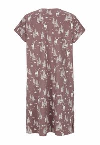 Lyhythihainen, polvipituinen mekko mauve-värissä, valmistettu pehmeästä kankaasta. Kankaassa on valkoinen metsän ja hirven kuviointi ympäriinsä. Sivuhalkiot helmassa.