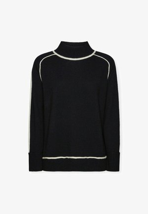 Schwarzer Rollkragenpullover mit weißen Akzentnähten, ausgestattet mit gerippten Bündchen und Saum sowie einem lockeren Schnitt. Hergestellt aus einem weichen Strickmaterial.