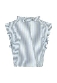Blusa a righe blu e bianche con design a spalla arricciata, dotata di scollatura rotonda e tessuto morbido e leggero.
