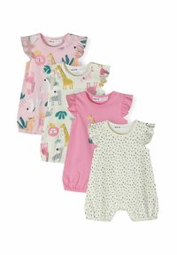 Cuatro monos de bebé: rosa con volantes, estampados de animales, rosa claro y crema con puntos negros. Hechos de una tela suave, con diseños variados.