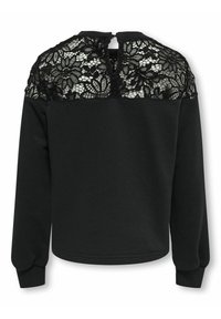 Sudadera negra de manga larga, con un encaje en la parte posterior. Cuello redondo con un cierre de botón en el cuello.