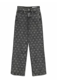 Zwarte spijkerbroek van denim met een herhaald hartpatroon, rechte pijpen, vijf-pocketstijl en contrasterende stikseldetails.