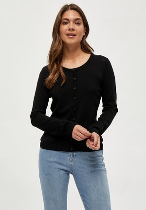 Black long-sleeve cardigan in knit fabric, featuring a round neck, button front, and ribbed cuffs. Shows subtle detailing on shoulders.