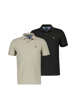 Two short-sleeve polo shirts, one beige and one black, each with a collar, two buttons, and a small embroidered logo on the chest.