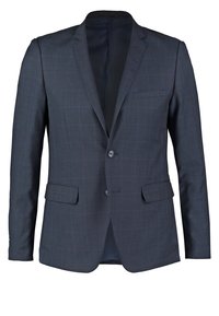 Blazer azul marino con patrón de cuadros, cierre de un solo botón, dos bolsillos frontales y forro interior a rayas. Corte clásico, tela ligera.