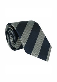 Marineblaue Krawatte mit weißen Streifen aus strukturiertem Stoff, mit aufgerolltem Design; die Streifen sind gleichmäßig verteilt und geometrisch angeordnet.