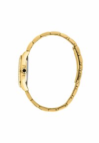 Goldfarbene Metallarmbanduhr mit einem runden Gehäuse, einem Gliederarmband, einer schwarzen Krone und einem mit Kristallen besetzten Rand. Die Oberfläche ist glatt und poliert.